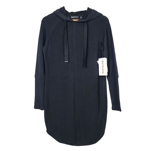 NEW Athleta Solitude Hoodie Dress XS Black‎ Soft Modal Knit Hooded Shift - Picture 1 of 10